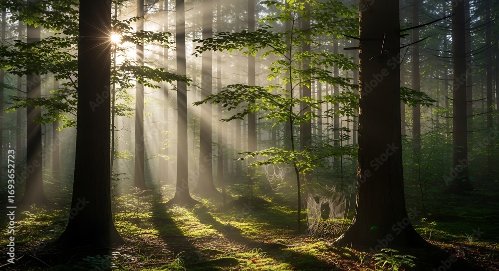 Obraz premium Sunlight streams through a misty forest, illuminating the lush greenery and creating a tranquil and serene atmosphere.