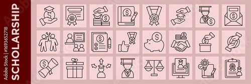 Modern line icon set on a soft background showcasing grant, funding, tuition and award for Scholarship concepts.