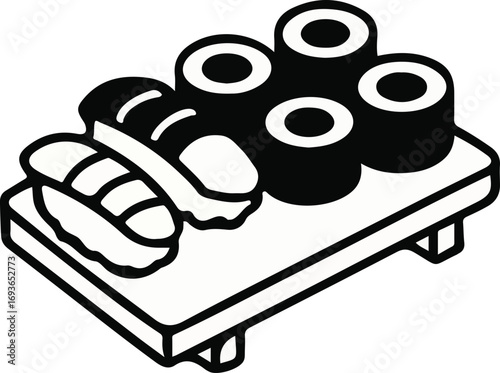 Black and white illustration of various sushi and maki rolls served on a traditional wooden board.