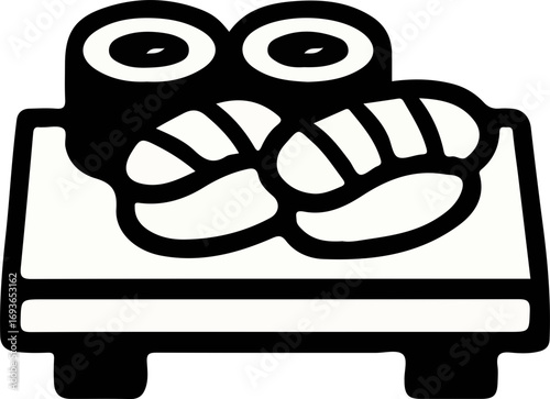 Black and white icon illustration of a sushi platter with nigiri and maki rolls.