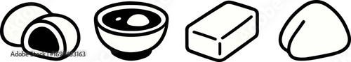 Collection of simple line art icons depicting various food items including mochi, a bowl of soup, a block of butter, and a dumpling.