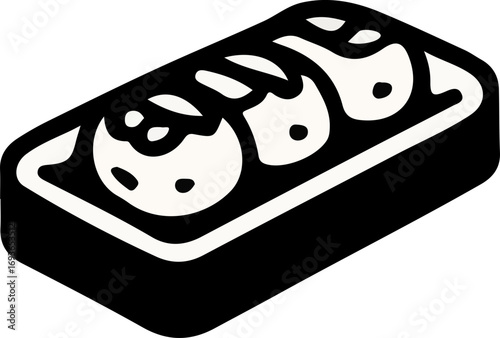 Stylized black and white illustration of three round food items in a rectangular serving tray.