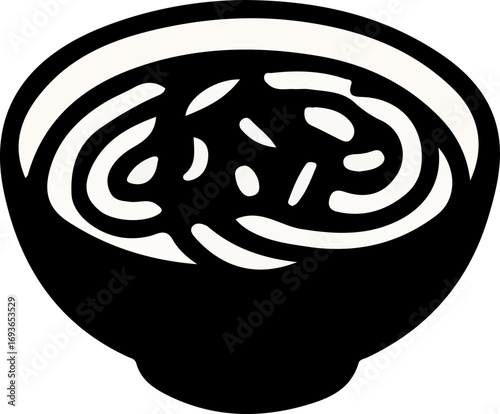 A black and white graphic illustration of a bowl of soup or stew with visible ingredients, minimalist style.