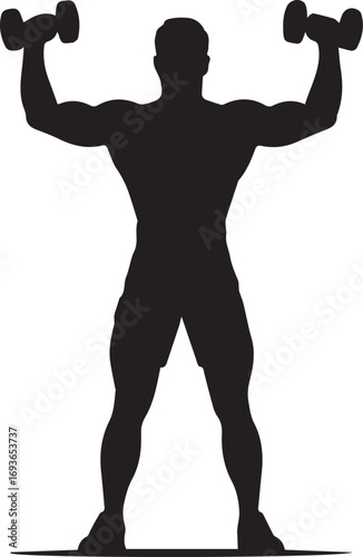 Muscular man silhouette lifting dumbbells in a powerful fitness pose for gym workout and bodybuilding