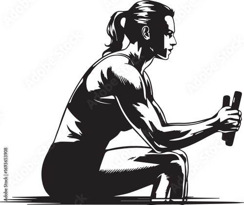 Fit woman athlete silhouette holding weights ready for intense strength training session