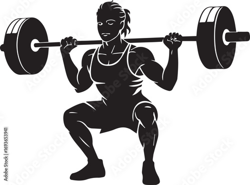 Silhouette of a strong fitness athlete performing a heavy barbell squat exercise for training