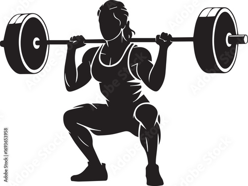 Silhouette of a powerful fitness athlete performing a heavy barbell squat for strength training.