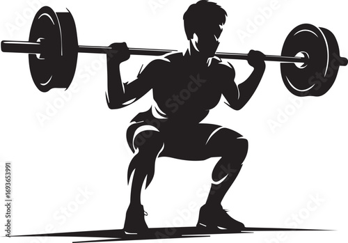 Powerful fitness athlete silhouette performing a weightlifting squat with a barbell