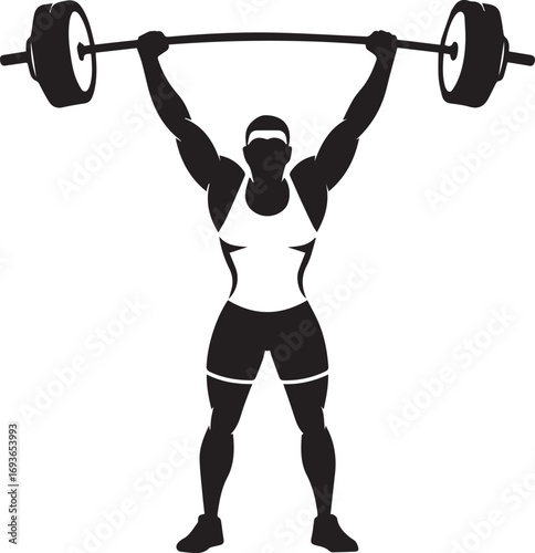 Muscular athlete silhouette lifting heavy barbell overhead for strength training