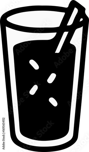 Illustration of a tall glass filled with a dark liquid and a straw.