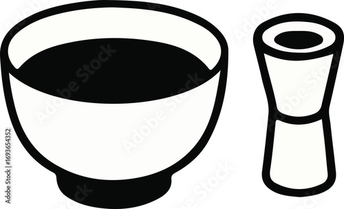 A simple black and white illustration of a sake cup and a sake measuring tool.