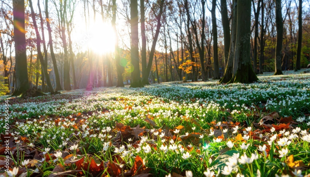 Obraz premium Sunlight streams through a forest, illuminating a carpet of white flowers (1)