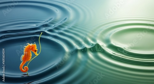 Orange seahorse clinging to a slender green stalk amid concentric ripples in a serene aquatic environment