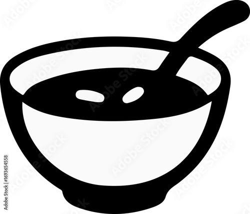 A simple black and white graphic icon of a bowl filled with soup or cereal, with a spoon resting inside.