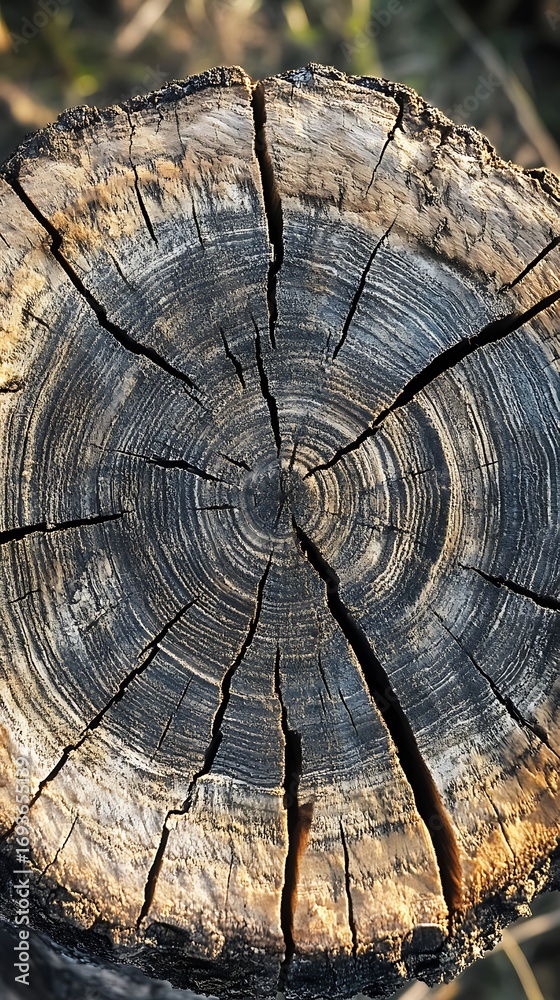 Fototapeta premium Closeup of a cut tree trunk with annual rings and sunlit cracks