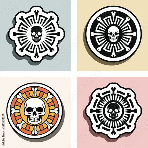 Four Circular Designs with Skulls and Bones crossbones