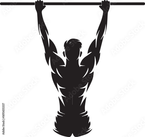 Muscular fitness athlete silhouette performing a pull-up exercise on a bar