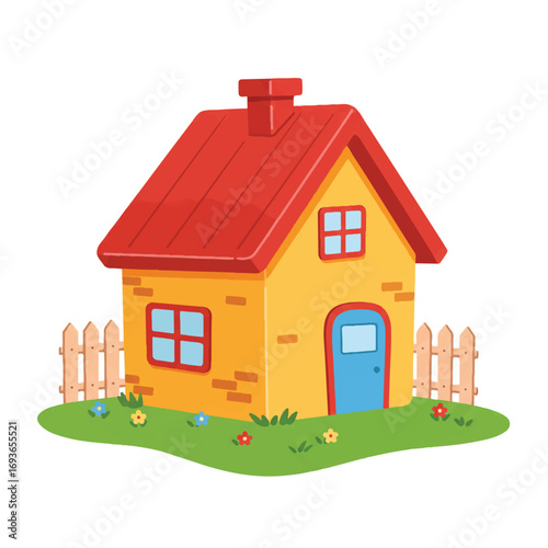 A cheerful 2D flat vector illustration shows an isolated cartoon house with a quaint garden fence in the background, set against a clean, plain white backdrop.
