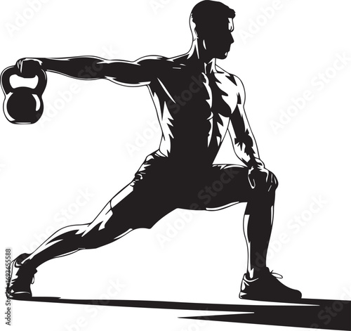 Athletic male silhouette performing kettlebell lunges a dynamic strength training pose