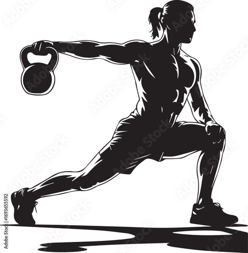 Muscular fitness athlete silhouette performing kettlebell lunge strength training exercise