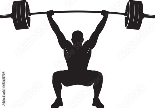 Powerful fitness athlete silhouette performing overhead squat with heavy barbell