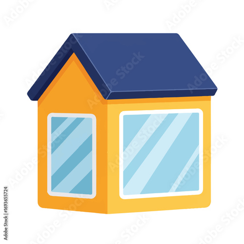 A vibrant 2D flat vector illustration depicts a charming, isolated cartoon house with prominent large windows, standing prominently against a clean, plain white background.