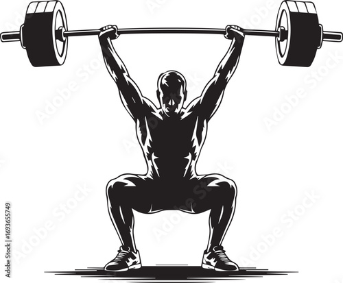 Fitness athlete silhouette performing a powerful barbell overhead squat dynamic strength training