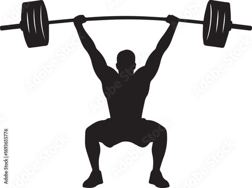 Dynamic silhouette of a muscular athlete lifting weights in a full squat position