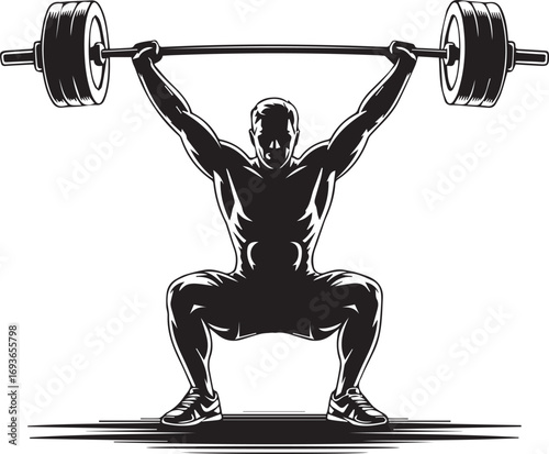 Muscular athlete silhouette lifting heavy barbell overhead in dynamic squat pose fitness workout