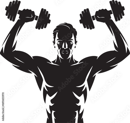 Muscular fitness athlete silhouette lifting dumbbells intense workout strength training