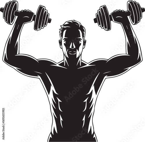 Muscular fitness athlete silhouette lifting dumbbells with strong physique and defined abs