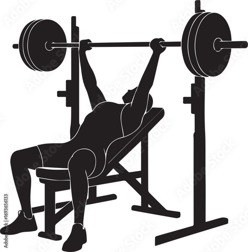 Silhouette of a muscular man performing a bench press exercise on gym equipment
