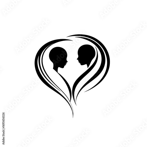 Silhouettes of two faces forming a heart shape in black design, zodiac, twins