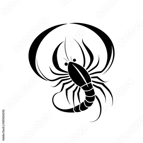 Black silhouette of a shrimp with curved tail and claws, crayfish, zodiac 