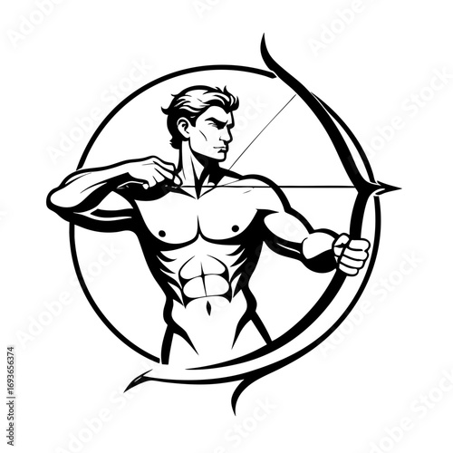 Male archer aiming with bow in graphic illustration style, zodiac, sagittarius