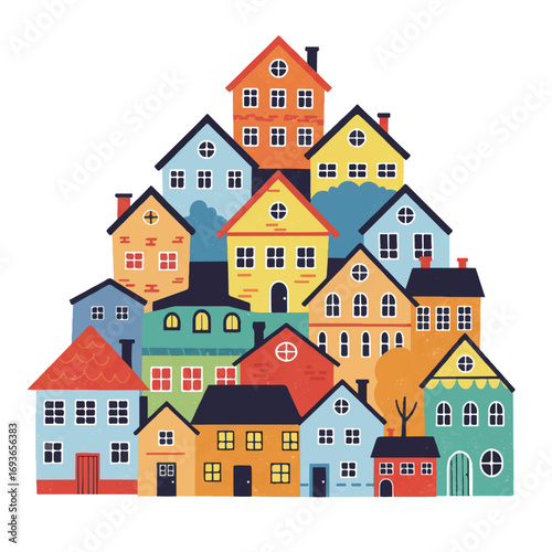 A vibrant 2D flat vector illustration showcases a charming stack of isolated cartoon colorful houses against a clean, plain white background, perfect for a whimsical concept.