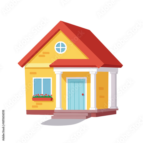 A charming isolated cartoon family home with a welcoming porch is depicted in a cheerful 2D flat vector illustration style against a plain white background.