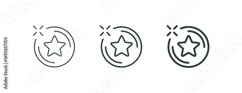 Game money, winner's award, best prize, outline icons. Line signs shining token coin with five-pointed star. Vector isolated pictograms for web and app on white background editable stroke.