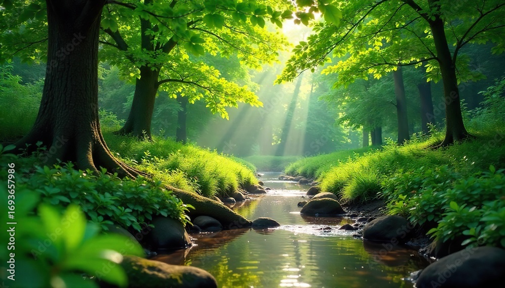 Obraz premium Serene Sunlight Filtering Through Lush Green Foliage Tranquil Nature Scene Ideal for Meditation and Relaxation