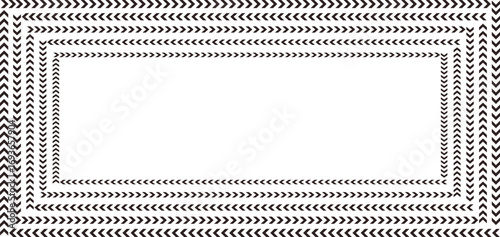 Abstract geometric frame with a repeating chevron pattern creating a layered border. Black and white monochrome design with copy space