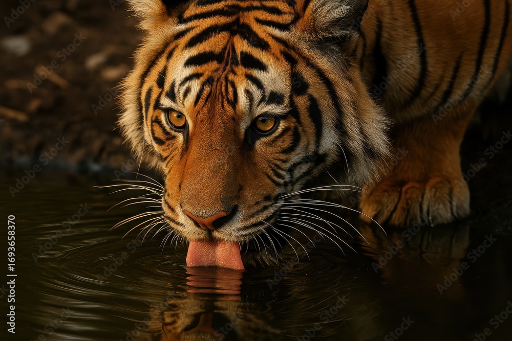 Fototapeta premium Thirsty Bengal Tiger: A striking Bengal tiger, with intense amber eyes, dips its majestic face into the cool water, capturing a moment of serene refreshment in a natural setting.