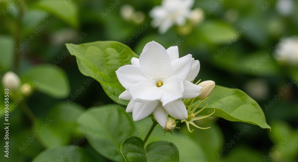 Fototapeta premium Fragrant Jasmine in Bloom: A pristine, delicate white jasmine flower, its petals meticulously arranged, stands out against a backdrop of vibrant green leaves.