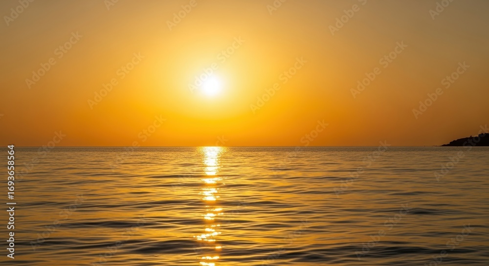 Obraz premium Golden Sunset over the Ocean: The sun descends over the horizon, casting a golden glow across the calm waters. It's the time of day for tranquility.