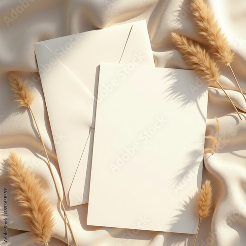 Invitation card mockup an envelope and blank card displayed with decorative reeds on a silky fabric surface under soft light