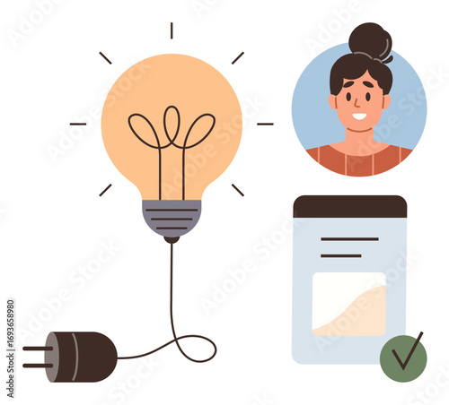 Lightbulb with plug icon, smiling woman portrait, profile card, and a verified checklist tick. Ideal for creativity, innovation, personal planning, achievement, learning productivity and goals