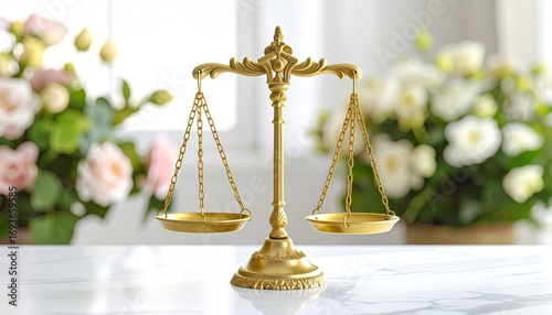 Ornate gold scales of justice on marble, with flowers in soft focus