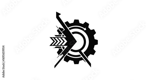 Abstract symbol representing innovation and mechanical progress with dynamic forward motion.