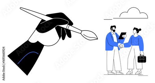 Hand holding paintbrush and two professionals shaking hands, symbolizing creativity, teamwork, and agreement. Ideal for business, partnership, creativity, collaboration, design negotiation and art