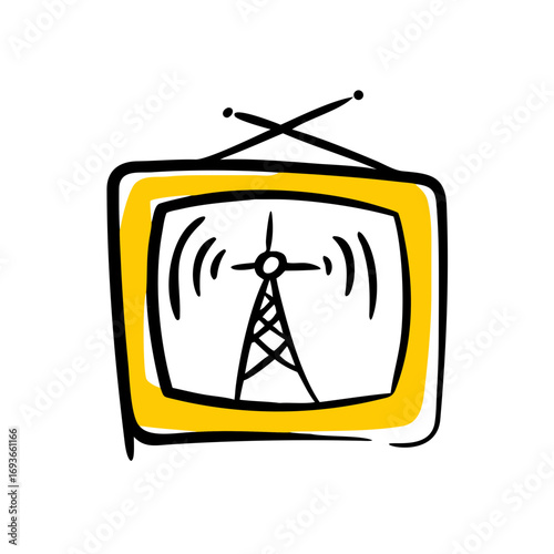Cartoon television with antenna and broadcast tower drawing
