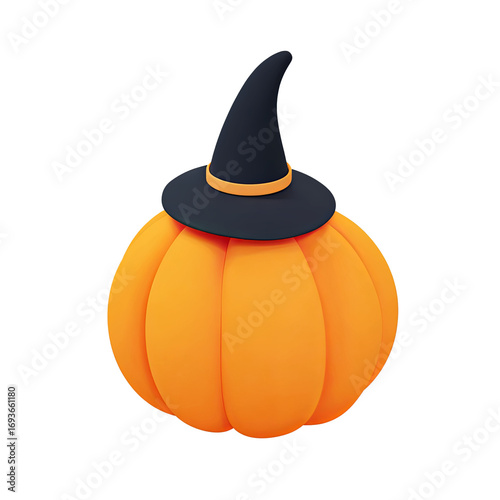 A vibrant pumpkin adorned with a witch's hat, perfect for Halloween decorations.